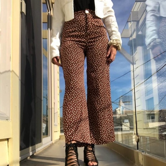 Urban Outfitters Pants - Urban Outfitters Olympia Satin Wide Leg Brown & White Polka Dot Pants Medium